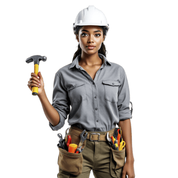Female construction worker holding a hammer and tools png