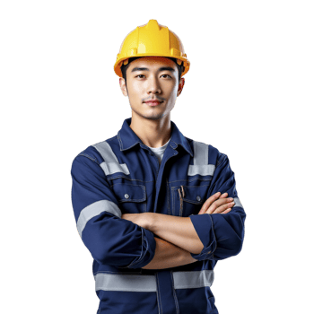 Asian man in hard hat standing with arms crossed png