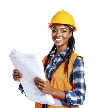 A young woman in a hard hat holding a blueprint png