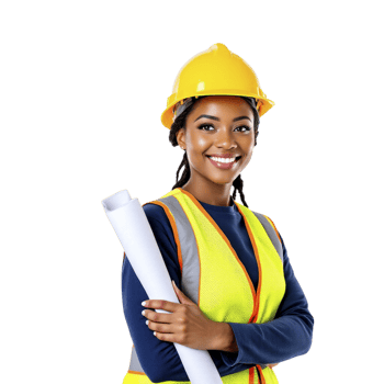 An african american woman in a hard hat holding a blueprint png