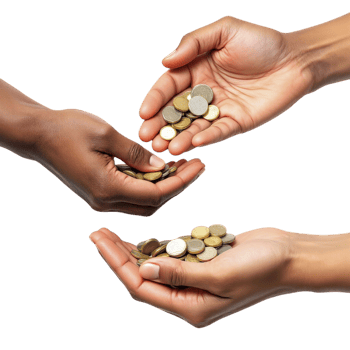 Hands giving coins to each other on black background png
