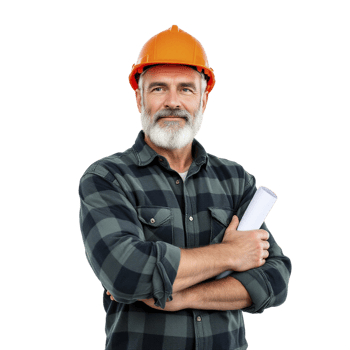 Portrait of a happy senior man in hard hat holding blueprints png
