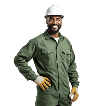 Portrait of a smiling black man in a hard hat and overalls png