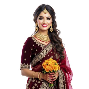 Beautiful indian bride in maroon sari holding a bouquet of flowers png