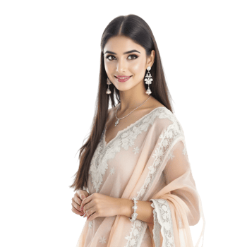 A beautiful woman in a peach sari png