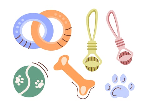 A colorful set of toys for dogs. Dog toys, puppy training, pet supplies. A collar, a ball, a rope with a ball for dogs, round chewing rings, a rubber bone. Flat illustrations. vector