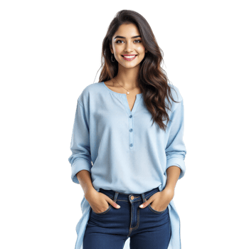 A woman in jeans and a blue blouse png