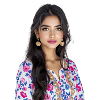 A beautiful young woman in a floral print blouse png