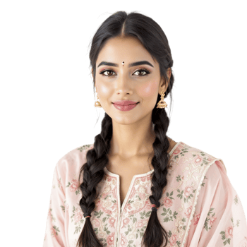 A woman in a pink blouse and gold earrings png