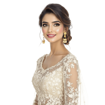 A beautiful woman in a white and gold lehenga png
