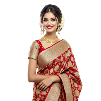 A beautiful woman in a red and gold sari png