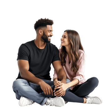 Couple sitting on the floor looking at each other png