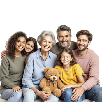 A family sitting on a couch with a teddy bear png