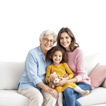 A woman and two children sitting on a couch png
