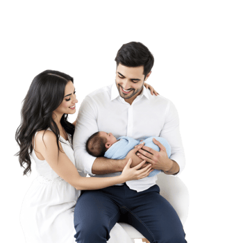 A man and woman are holding a baby in a white chair png