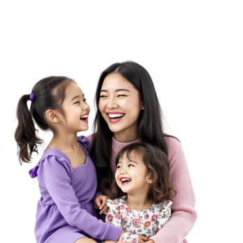 A woman and two children are laughing together png