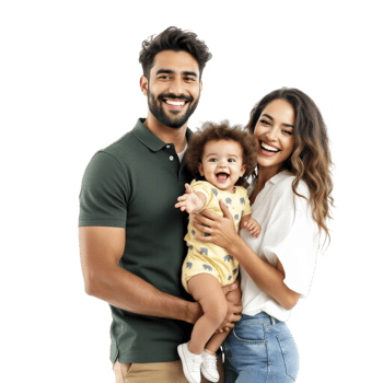 A man and woman holding a baby in front of a black background png