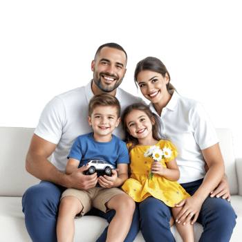A man and woman with two children sitting on a couch png