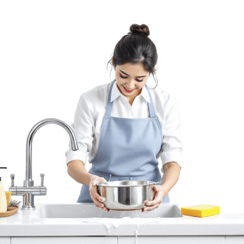 A woman in apron holding a bowl of food png