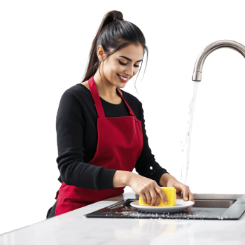 A woman in an apron is washing dishes in the kitchen png