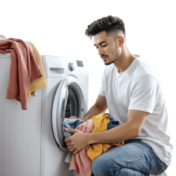 A man is washing clothes in a washing machine png