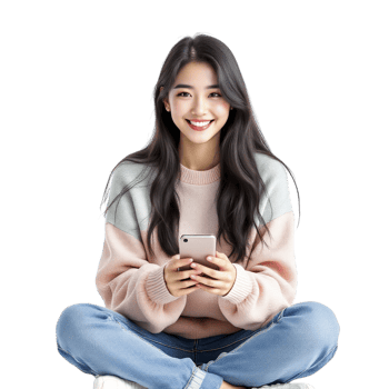 A woman sitting on the floor with her phone png