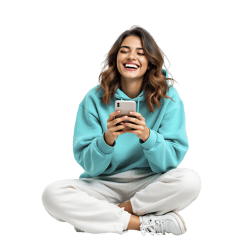 A woman in a blue sweatshirt is sitting on the floor and holding her phone png