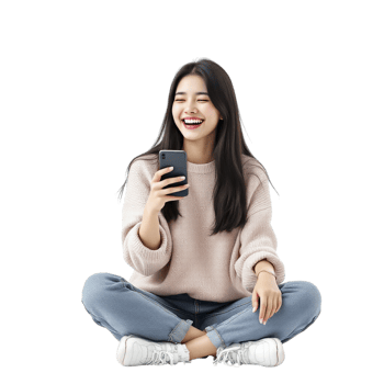 Asian woman sitting on the floor with her phone png
