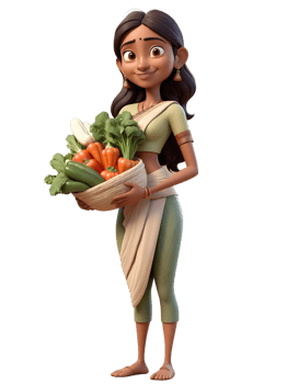 A cartoon indian woman holding a basket of vegetables png
