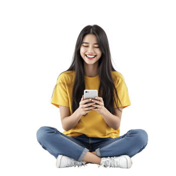 A woman sitting on the floor with her phone png