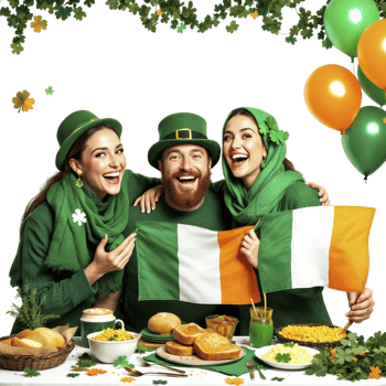 Three people in green clothes holding a flag and eating food png