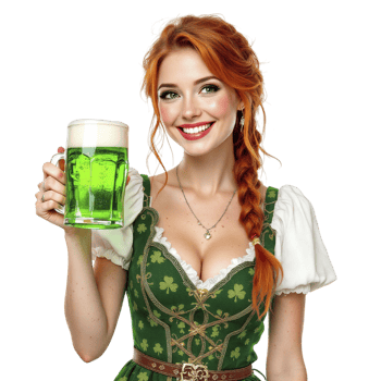 A beautiful redhead woman in a green dress holding a beer png