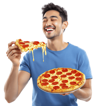 A man is holding a pizza and smiling png