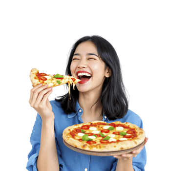 A woman is holding a pizza and laughing png