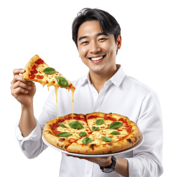 A man holding a pizza with cheese and basil png