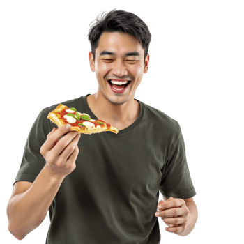 A man is holding a piece of pizza png