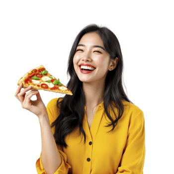 Asian woman holding a slice of pizza png