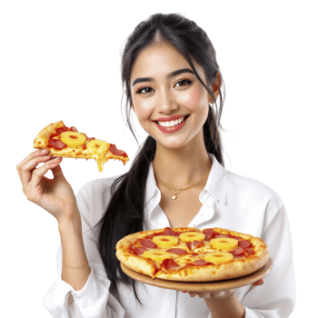 A woman holding a pizza with pineapple slices png