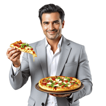A man in a suit holding a pizza png