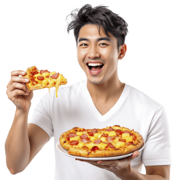 A man holding a pizza with cheese and ham png