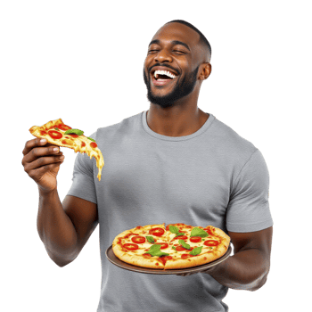 A man holding a pizza and laughing png