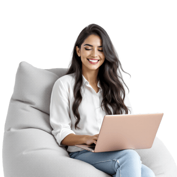A woman sitting on a bean bag chair with a laptop png