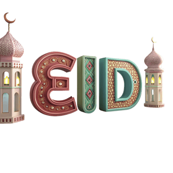 The word eid is made of colorful lights and a mosque png