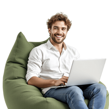 A man sitting on a bean bag chair with a laptop png