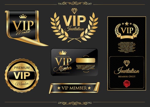VIP invitation card, banner or flyer with golden elements on black background vector
