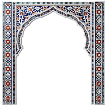 An ornate arched window with a blue and white design png