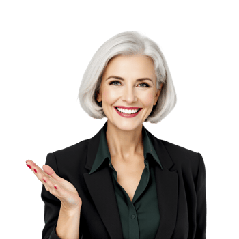 A woman with white hair and a black suit is gesturing png