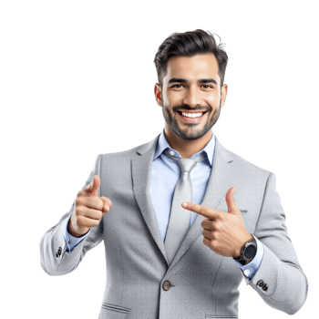 A man in a suit pointing at something png