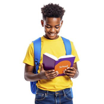 A young boy in a yellow shirt is reading a book png