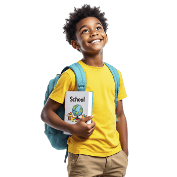 A young boy holding a book with school on it png